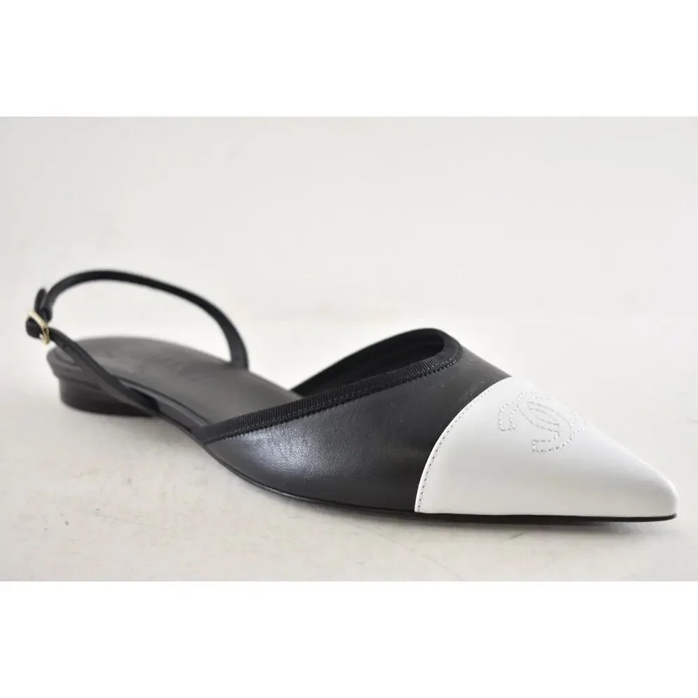 Chanel 26P Black White Pointed Toe CC Logo Slingback Ballet Ballerina Flat 38.5